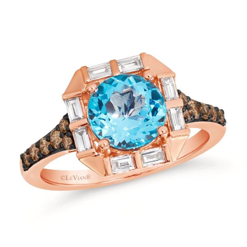 Le Vian Chocolatier&reg; Ring featuring 2 cts. Ocean Blue Topaz&trade; , 1/4 cts. Chocolate Diamonds&reg; , 1/4 cts. Vanilla Diamonds&reg; set in 14K Strawberry Gold&reg;