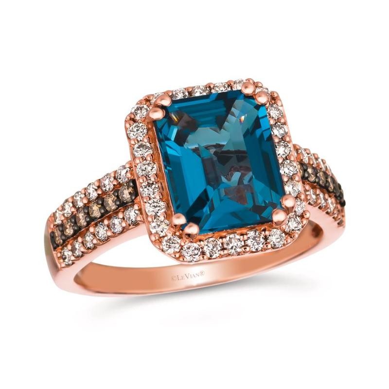 Le Vian&reg; Ring featuring 3 1/2 cts. Deep Sea Blue Topaz&trade; , 1/2 cts. Nude Diamonds&trade; , 1/10 cts. Chocolate Diamonds&reg; set in 14K Strawberry Gold&reg;