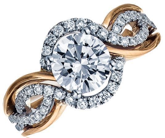 Frederic Sage Round Halo With Round Diamonds and Rose Gold Twist Engagement Ring