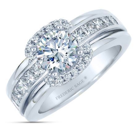Frederic Sage White Gold Round Diamond Halo with Princess Cut Channel Engagement Ring