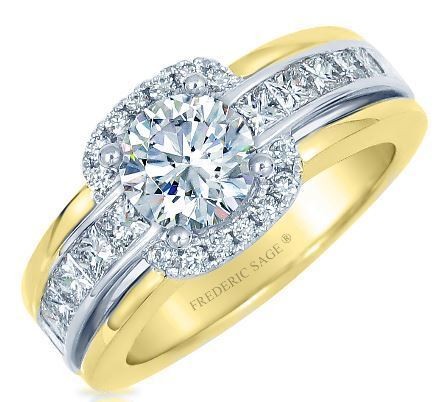 Frederic Sage Two Tone Round Diamond Halo with Princess Cut Channel Engagement Ring