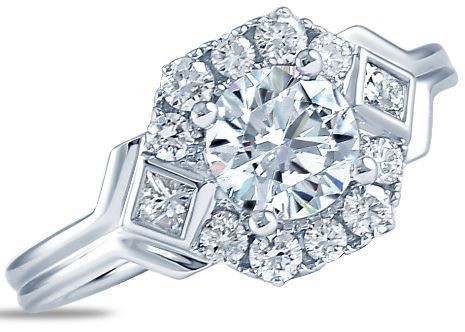 Frederic Sage Three Stone Round and Princess Cut Octagon Halo Engagement Ring