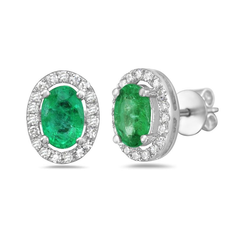 14 Karat White Gold Emerald and Diamond Halo Earring