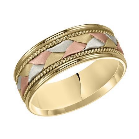 Tri-Color Band with Woven Insert, Flat, Soft Sand Finish with Rope Detailing