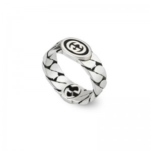 Gucci Interlocking G Stainless Steel Black Enamel Ring