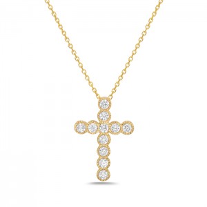 14 Karat Yellow Gold Diamond Cross Pendant with Milgrain Beading