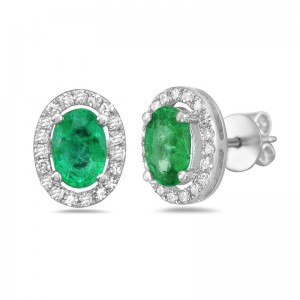 14 Karat White Gold Emerald and Diamond Halo Earring