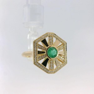 Art Deco Inspired 14 Karat Yellow Gold Emerald Ring