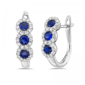 14 Karat White Gold Sapphire and Diamond Hoop Earrings