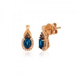 LeVian 14K Strawberry Gold® Deep Sea Blue Topaz 1 cttw Earrings with Chocolate Diamonds® 1/15 cttw and Vanilla Diamonds® 1/10 cttw