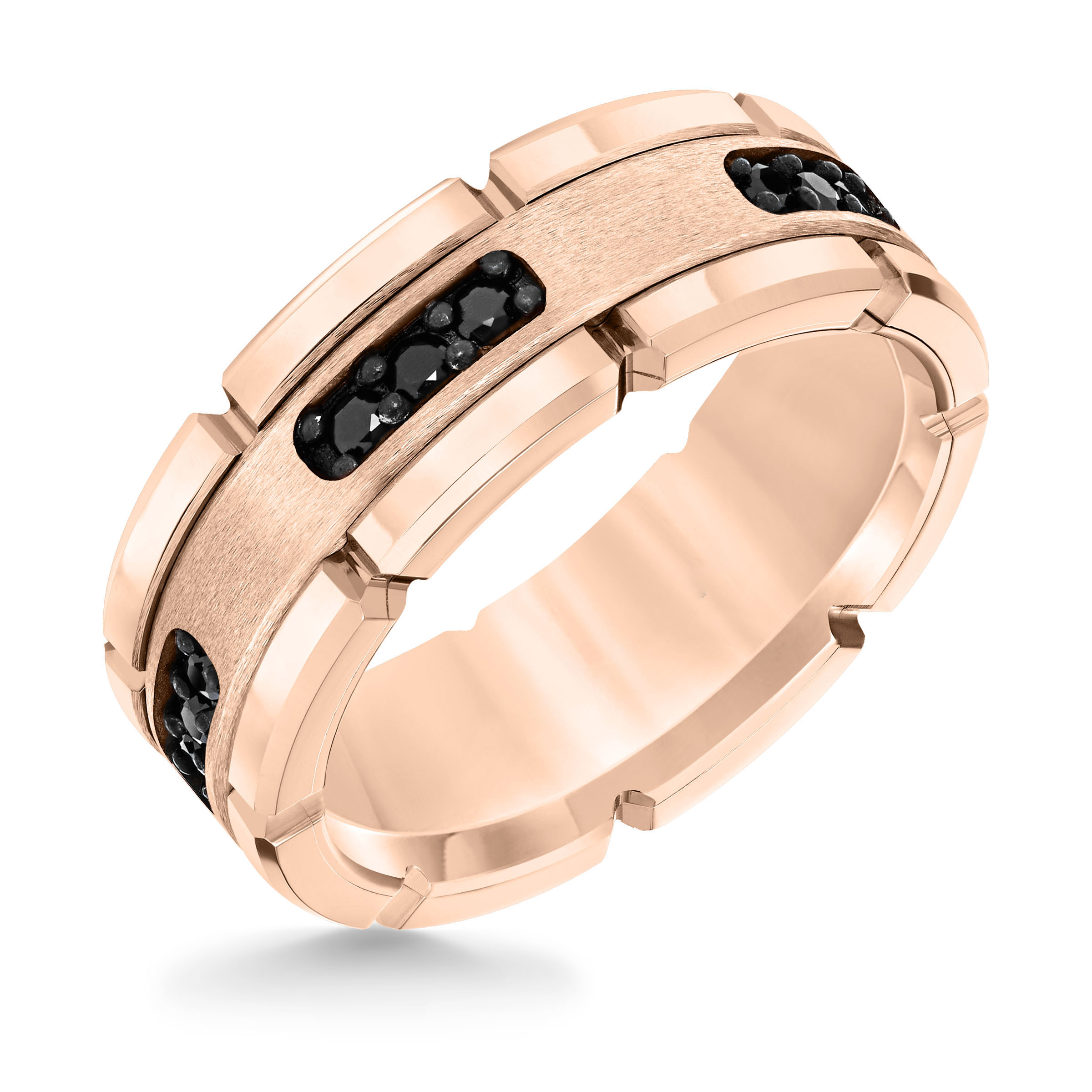 Rose Tungsten Carbide Ring with Black Diamond Satin Center and Link Edge