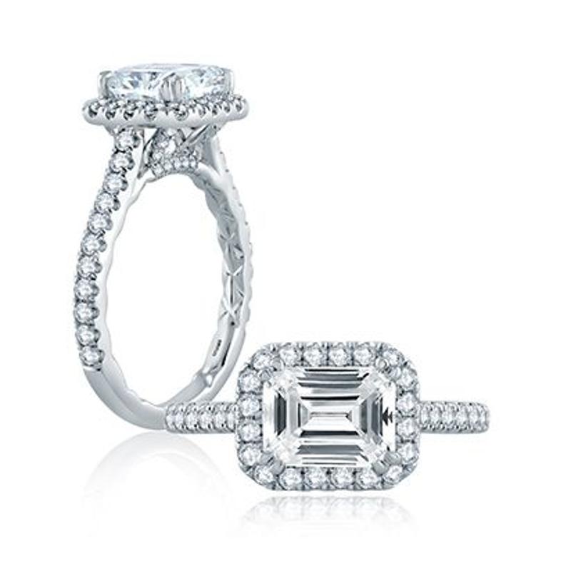 A.Jaffe Quilt East/West Emerald Cut Pave Halo Engagement Ring