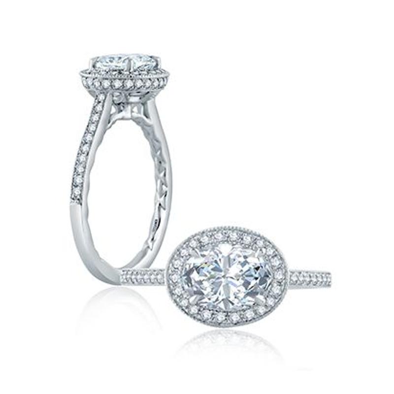 A.Jaffe Quilt Modern Vintage Milgrain Accent East West Oval Center Halo Engagement Ring