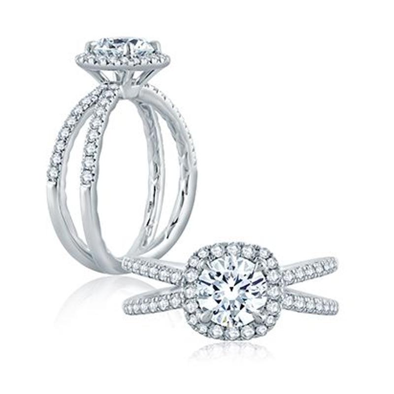 A.Jaffe Round with Cushion Halo French Pave Criss Cross Delicate Engagement Ring