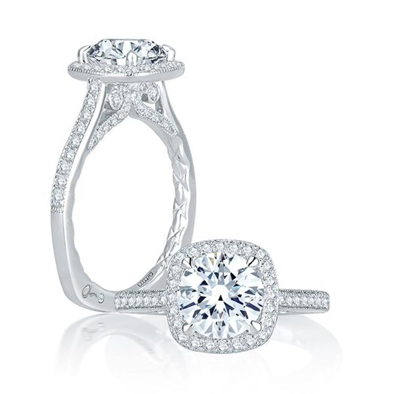 A.Jaffe Intricate Channel Set with Milgrain Detail Cushion Halo Quilts? Engagement Ring