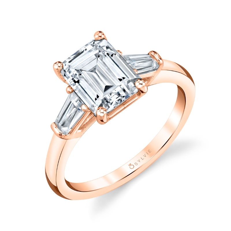 Sylvie Emerald Cut Three Stone Engagement Ring With Baguettes - Nicolette