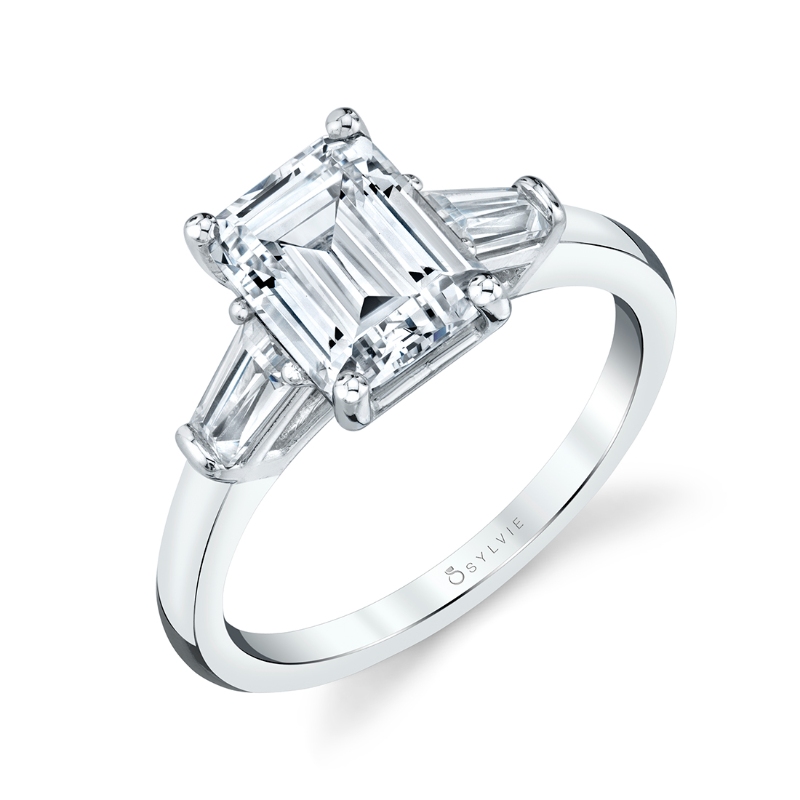 Sylvie Emerald Cut Three Stone Engagement Ring With Baguettes - Nicolette