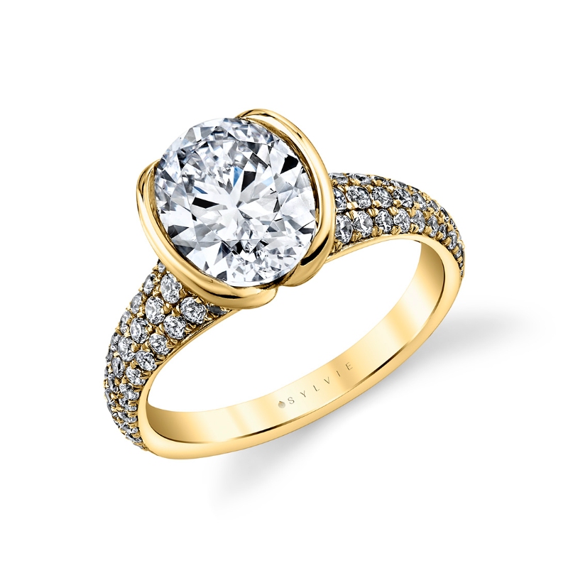 Sylvie Shell Auranova Half Bezel Pave Engagement Ring with Shell Tip Silhouettes - Mariselle