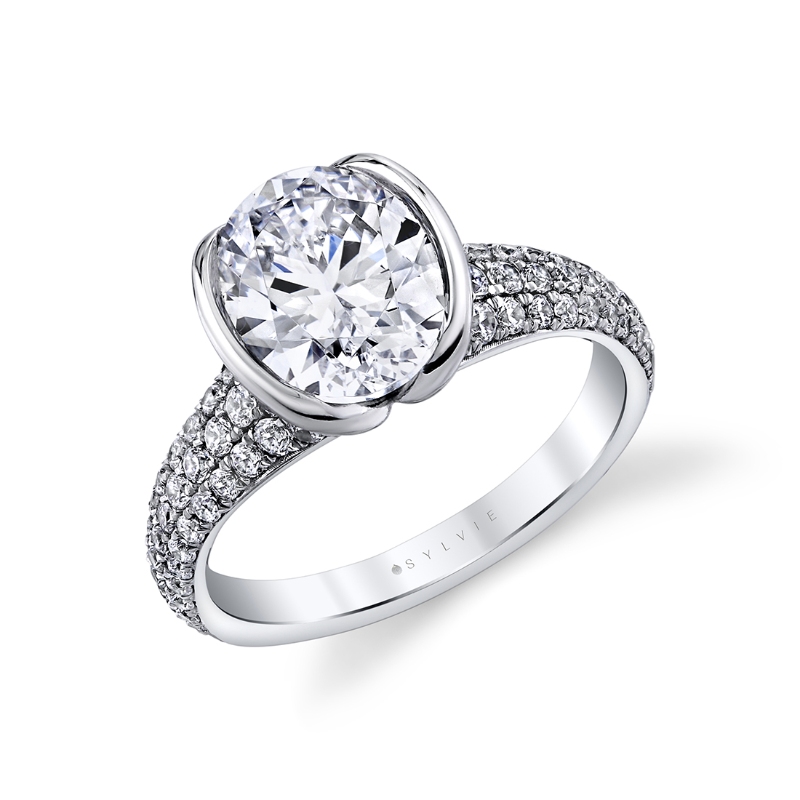 Sylvie Shell Auranova Half Bezel Pave Engagement Ring with Shell Tip Silhouettes - Mariselle