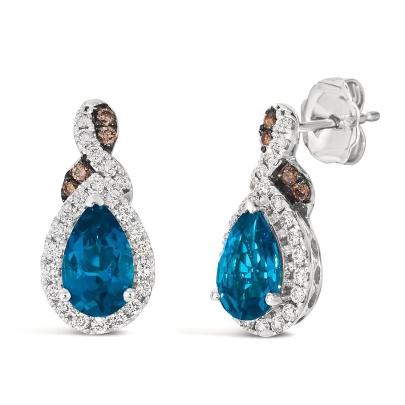Le Vian&reg; Earrings featuring 1 3/4 cts. Deep Sea Blue Topaz&trade; , 1/20 cts. Chocolate Diamonds&reg; , 1/3 cts. Nude Diamonds&trade; set in 14K Vanilla Gold&reg;