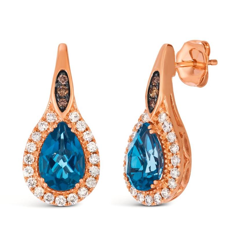 Le Vian&reg; Earrings featuring 2 5/8 cts. Deep Sea Blue Topaz&trade; , 3/8 cts. Nude Diamonds&trade; , 1/20 cts. Chocolate Diamonds&reg; set in 14K Strawberry Gold&reg;