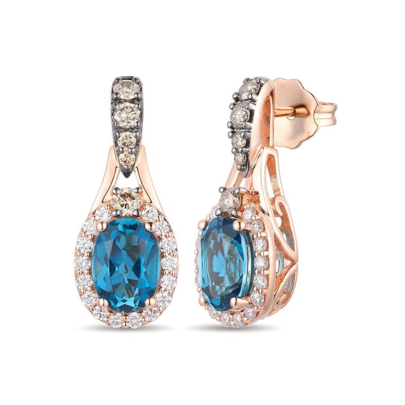 Le Vian Chocolatier&reg; Earrings featuring 1 1/2 cts. Deep Sea Blue Topaz&trade; , 1/4 cts. Chocolate Diamonds&reg; , 1/4 cts. Vanilla Diamonds&reg; set in 14K Strawberry Gold&reg;