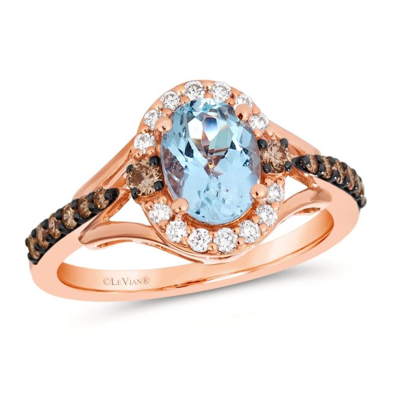 Le Vian Chocolatier&reg; Ring featuring 1 cts. Sea Blue Aquamarine&reg; , 1/4 cts. Chocolate Diamonds&reg; , 1/6 cts. Vanilla Diamonds&reg; set in 14K Strawberry Gold&reg;